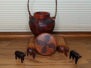 lot 217 image: Acacia Carved Basket with Carabao Figurines