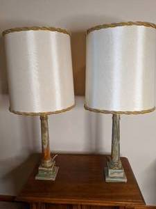 lot 175 image: Unique eye-catching Onyx lamps with vintage lamp shades in fantastic condition