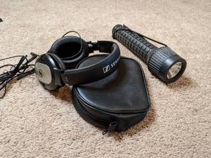 lot 193 image: Sennheiser headphones with case an a Flashlight