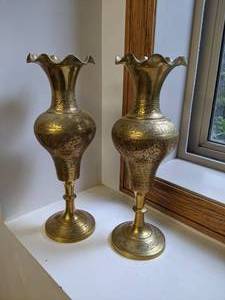 lot 335 image: Intricate Brass Flower vases Made in India