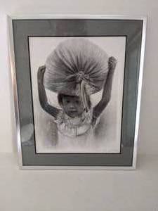 lot 545 image: Original Pencil drawing of Girl with Laundry Bag on head Philippines