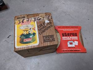 lot 527 image: Coleman Camp stove and NIB Sterno Folding stove