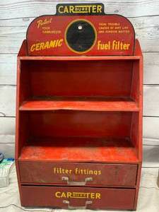 Antique Carburetor Metal Shelf with Accessories 13 wide 20 tall