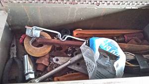 Metal tool box and two plastic storage containers