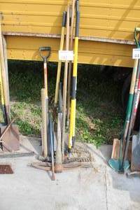 lot 442 image: Lot of (10) Pick Axes, Rakes, Shovels, Sledgehammer
