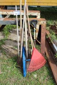lot 446 image: Lot of (11) Leaf Rakes, Spades, Shovels, Broom, Hoes