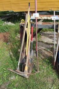 lot 447 image: Lot of (10) Pick Axes, Hoes, Spades, Shovels, Leaf Rake