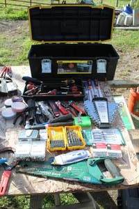 lot 533 image: Stanley FatMax 28 Toolbox, Hammers, Hand Saw, Drill Bit Set, Open End Wrench Set, Crescent Wrenches, and more