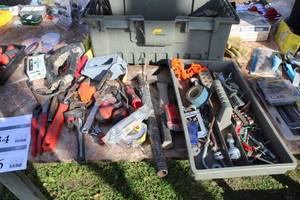 lot 534 image: Plano Toolbox, Bolt Cutters, Sledgehammer, Crescent Wrenches, Hardware, and more