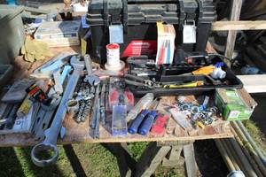 lot 535 image: Husky Toolbox 22, Screwdrivers, Sockets, 2 Open End Wrench, Hand Saw, Hardware, and more