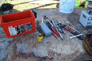 lot 561 image: MTM Case-Gard Sportsmans Dry Box (Water Resistant, Non-Submersible), Open End Wrenches, Sockets, Large Pliers, Hose Clamps, Tape, Hardware