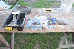 lot 551 image: Tool Caddy, Pneumatic Stapler, Ideal Wire Cutters, Wiring Harness, 7-Way RV Blade, Black Rope Fiberglass Gasketing wCement 12x6, and more