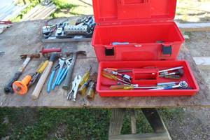 lot 605 image: Plastic Toolbox with Tool Caddy, Hammers, Pliers, Chisels, Screwdrivers, Ratchet, and more
