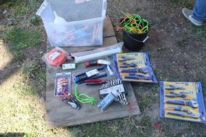 lot 647 image: Open End Wrench Set, Vise Grip Pliers Set, Wire Cutters, Pliers, Hammers, Saw Blades, Small Hand Tools, Hardware