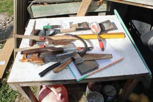 lot 1267 image: Hatchet, Sickle, Hand Saw, Axe, Shovel, Pick Axe and more