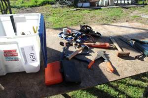 lot 650 image: Sledgehammer, Large Hammers, Pipe Wrench, Rivot Tool, Tire Iron, and Variety Small Hand Tools