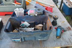 lot 660 image: Tool Box, Mini Torch, Crescent Wrench, Hose Nozzle, and more