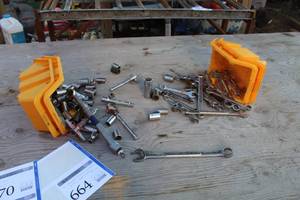 lot 664 image: Lot of (4) Stackable Plastic Storage Containers (x4), Open End Wrenches, Sockets