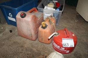 lot 683 image: Lot of (3) Plastic Gas Cans (x2), Metal Gas Can (x1)