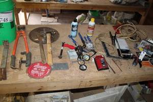 lot 748 image: Jumper Cables, Hammers, Wrenches, Saw Blades, Grinder Wheels