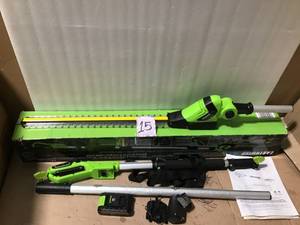 lot 15 image: Earthwise 20 in. 20-Volt Lithium-Ion Cordless Pole Hedge Trimmer - 2 Ah Battery and Charger Included in good condition