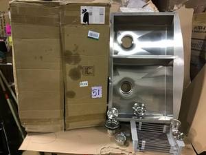 lot 51 image: AKDY Handcrafted All-in-One Apron-Front Stainless Steel 33 in. x 22 in. x 9 in. Double Bowl Kitchen Sink with Tray and Drain in good condition