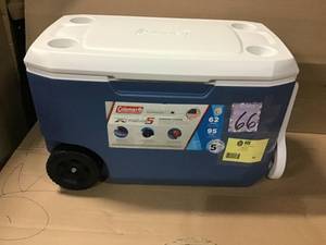 lot 66 image: 62 Qt. Exteme Wheeled Cooler by Coleman in good condition