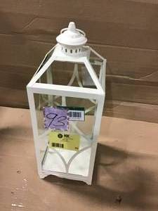 lot 93 image: 22 in. White Metal and Glass Outdoor Patio Lantern in good condition