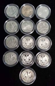 lot 20 image: GROUP OF 13 PROOF QUARTERS IN AIRTITES MIXED DATES 1970s-1990s