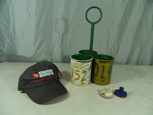 lot 16 image: New Tractor Supply Hat, Metal License Plate Decor Organizer, and 2 Rycraft Cookie Stamps