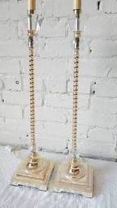 lot 22 image: Pair of Tall Crystal and Gold Bead Candlestick Lamps