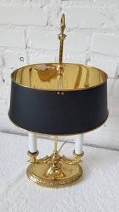 lot 25 image: Brass Double Candlestick Table Lamp with Brass Enameled Shade
