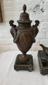 lot 44 image: Antique Hunting Dog and Pheasant Mantel Clock with Side Urns