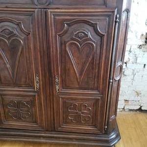 lot 9 image: Antique Belgian Heart Carved Wardrobe Cabinet c. 1875