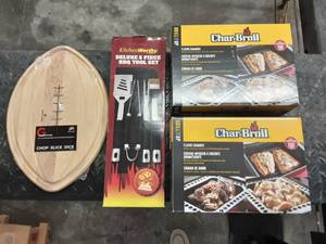 lot 87 image: 2-Char Broil Flavor Chambers, Grill Set, Foot Ball Cutting Board
