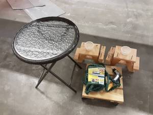 lot 99 image: Pocket Hose, Plant Stand, 2-Squirrel Feeders, Glass Top Folding Table