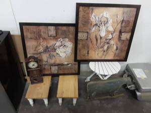 lot 101 image: 2-Foot Stools, Folding Table, Cow Sculpture, Clock, 2-Floral Prints