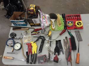 lot 140 image: Misc. Gauges, Hand Tools, Electrical, Drill Index, Air Tire Filler, Grease Gun More.