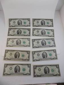 lot 79 image: 10 - $2 Green Seal Bills