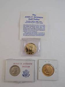 lot 36 image: 1 - 1987 Kennedy 24K Covered Gold With Certificate, 1 - Susan B Anthony Dollar, 1 - 1944 Walking Lib 12 Gold Plated