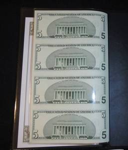 One 2006 U.S. Government Issued Uncut Sheet of $5 Bills