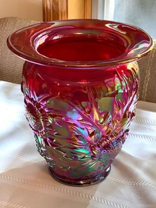 lot 1 image: Signed Fenton Ruby Satin Iridescent Vase