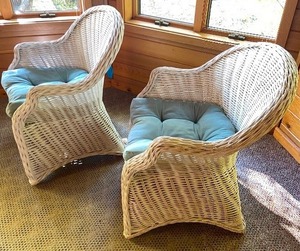 lot 64 image: Pair White Wicker Chairs w Cushions