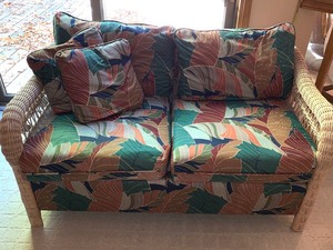 lot 61 image: Rattan Sofa W Bright Colorful Fabric
