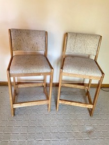 lot 68 image: Pair of Upholstered Wood Bar Stools