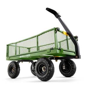 lot 224 image: Gorilla Carts 4 cu. ft. Steel Utility Cart, GCG-2140 - Slightly Damaged Side Gate, Missing 1 Tire
