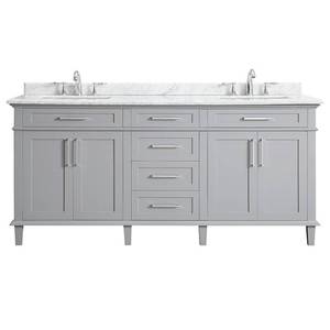 lot 405 image: Home Decorators Collection Sonoma 72 in. W x 22 in. D Bath Vanity in Pebble Gray with Carrara Marble Top with White Sinks, Sonoma72PG - Scratch and Dent - Needs some TLC