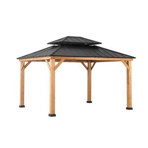 lot 406 image: Sunjoy Archwood 12 ft. x 10 ft. Cedar Frame Gazebo with Double Tier Steel Roof Hardtop, A102007500 - Unclaimed Freight - NEW
