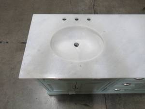 lot 114 image: Home Decorators Collection Sadie 67 in. W x 21.5 in. D Vanity in Antique Light Cyan with Marble Vanity Top in Natural White with White Basins MD-V1836