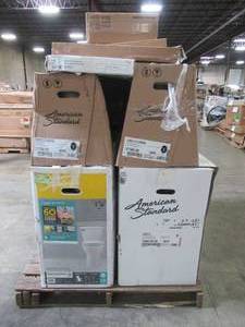 lot 123 image: WHOLESALE MIXED PALLET OF FULL TOILET SETS, TANKS AND FAUCETS